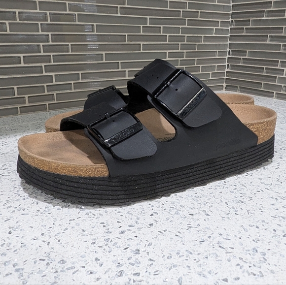 Papillio Birkenstock Platform Arizona Black Vegan Two Strap Sandal Size 39 8 8.5 - Picture 3 of 10